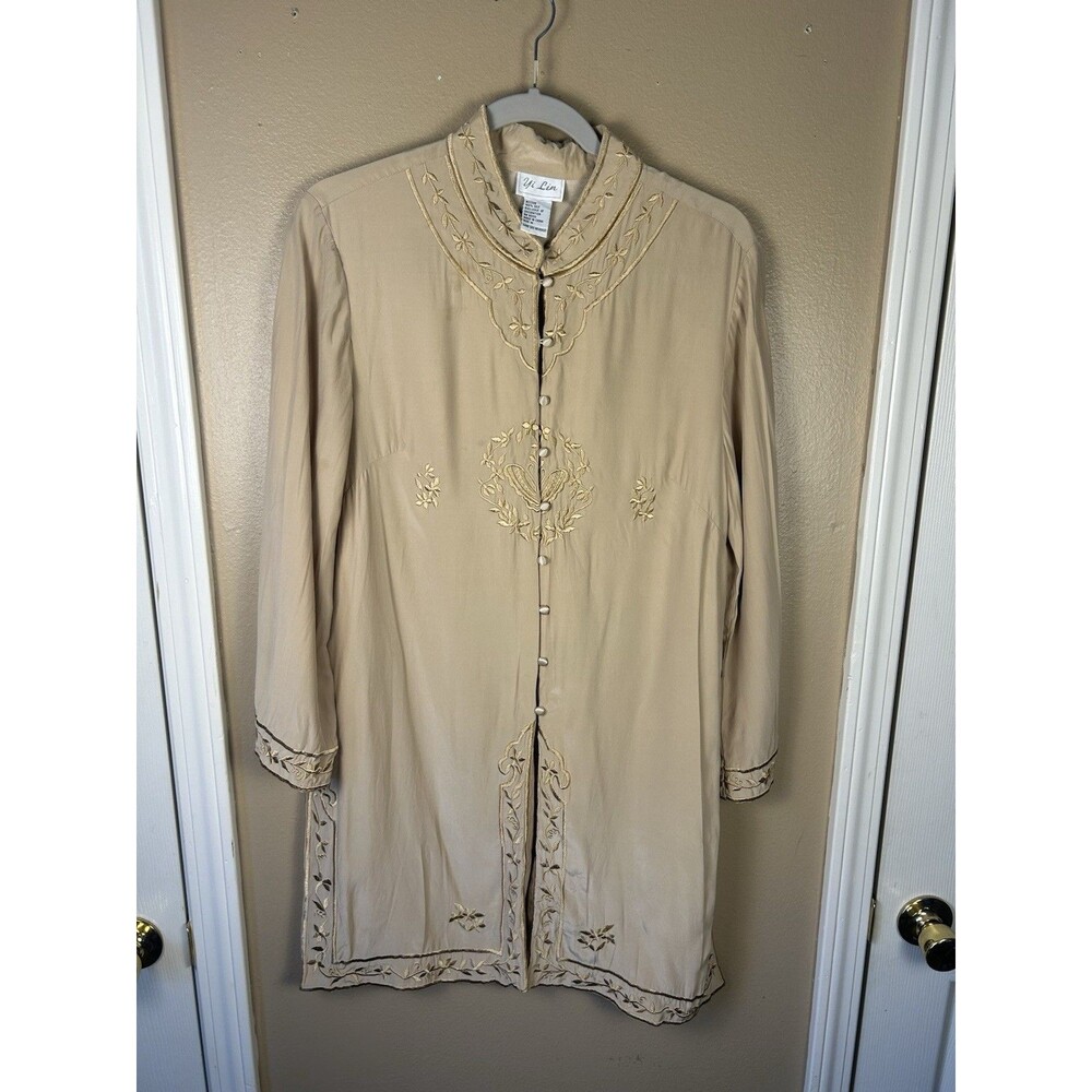 Yi Lin 100% Silk Tunic Top Women’s M Tan Embroidered Mandarin Collar